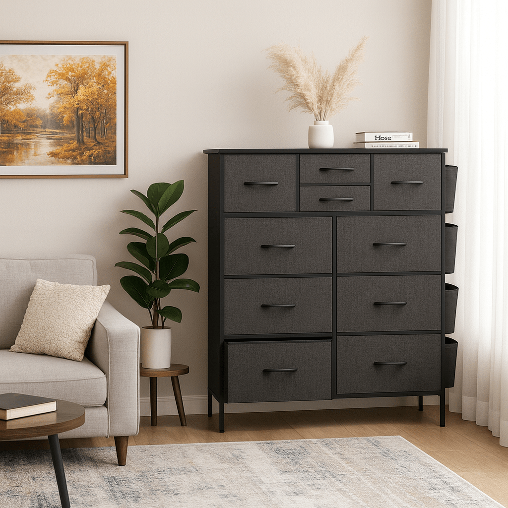 Black Storage Cabinet with Ten Drawers And Side Pockets, Ideal for Organizing Wardrobes in Bedrooms, Hallways, Living Areas, And More