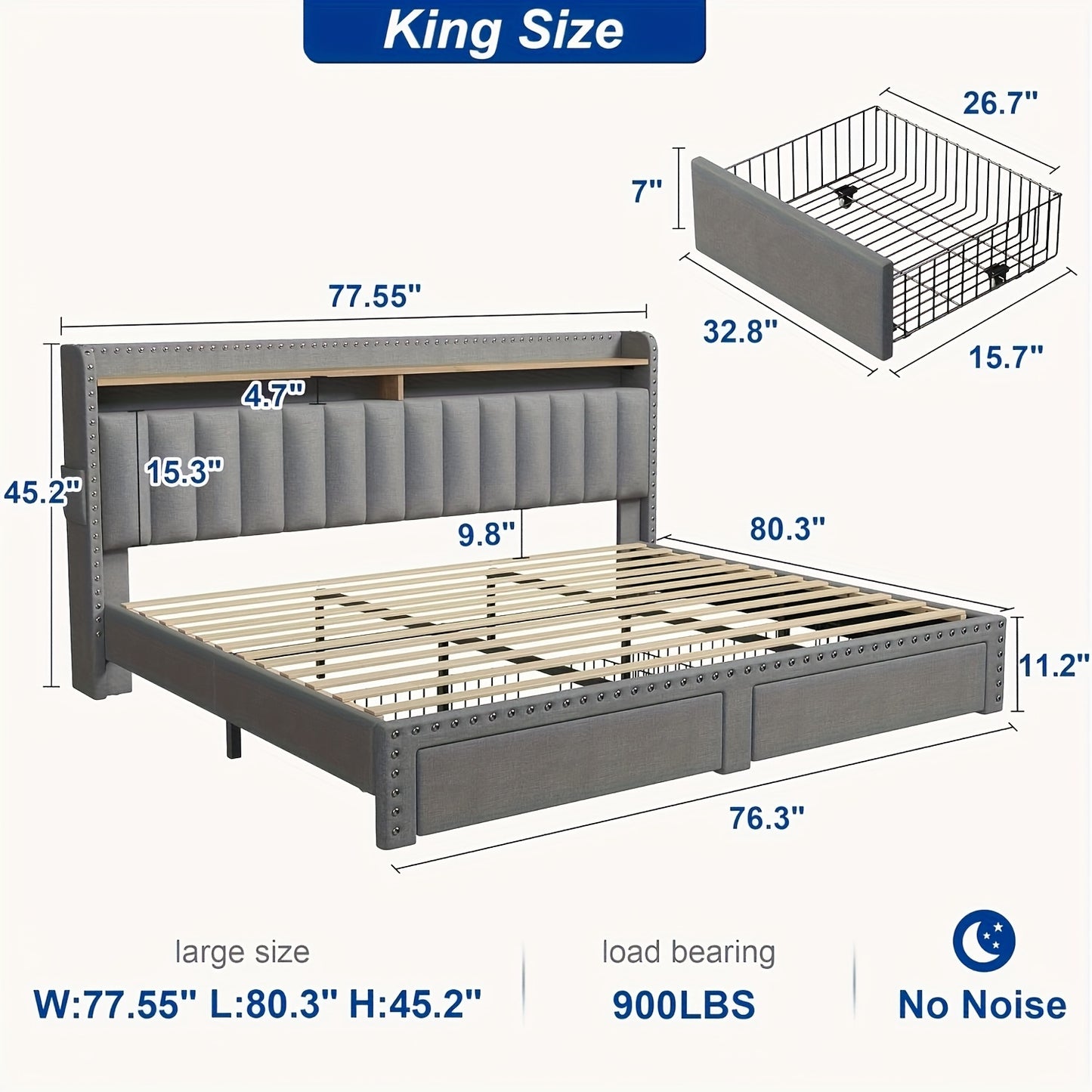 King Size Upholstered Bed Frame with Storage 2 Drawers 2-Tier Headboard Wood Slats No Box Spring Noise-Free Easy Assembly Modern Grey Beige
