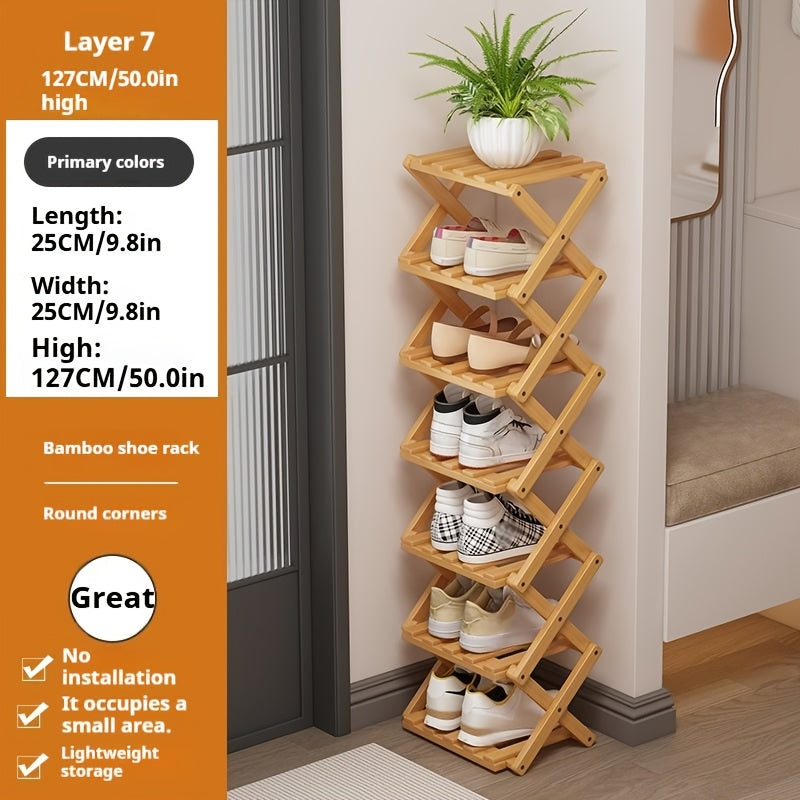 Bamboo Shoe Rack Foldable 2/6/7 Tier Entryway Organizer 20-Second Setup, Space-Saving Eco-Friendly Shoe Shelf for Hallway Closet Bedroom, Natural Charcoal No Tools Required