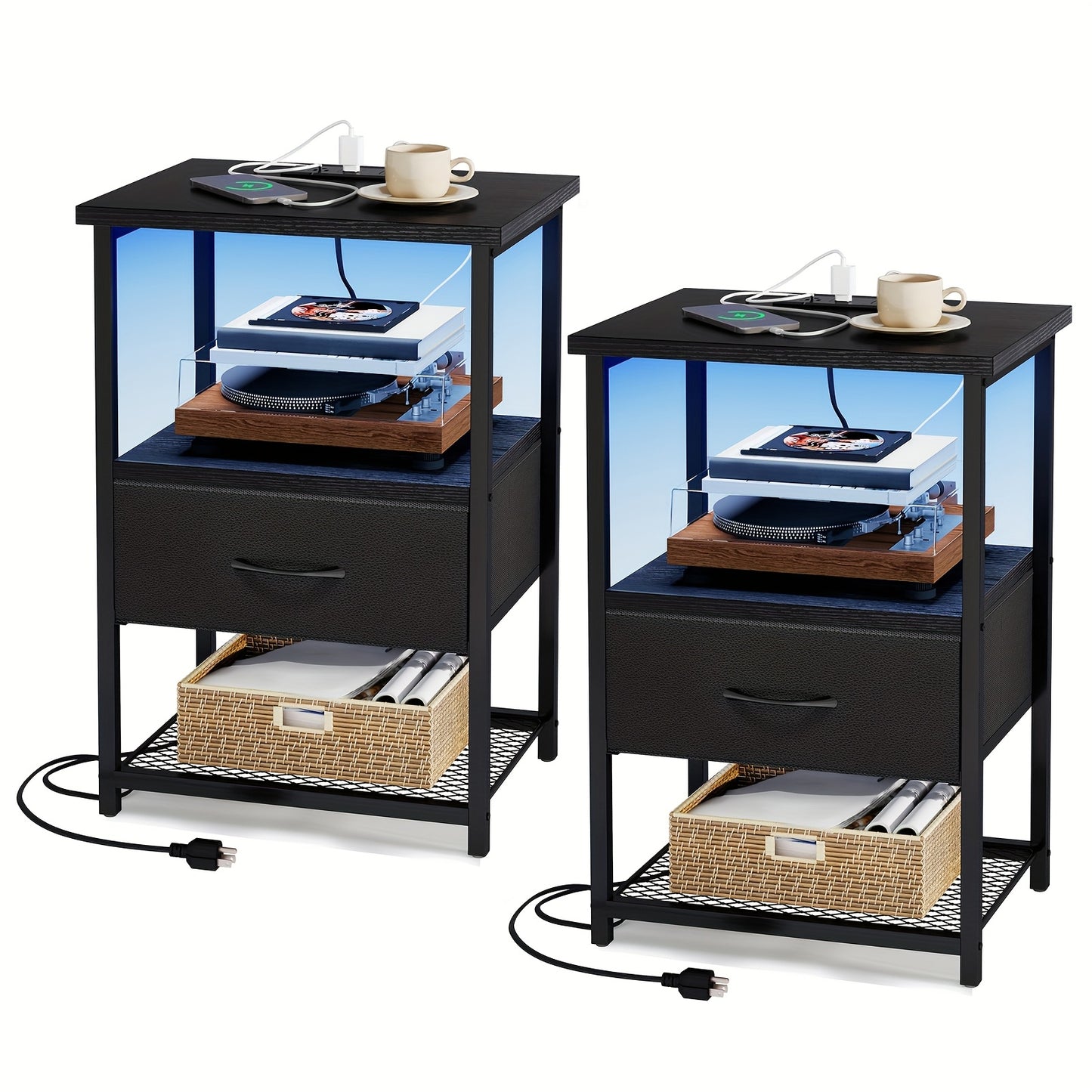 TOMNK Bedside Cabinet with Charging Station, LED Nightstand with USB Ports and Outlets, 1/2 Fabric Storage Drawer with PU Coating, Side Table, Heavy-Duty Nightstand, Suitable for Home, School, and Dorm Storage, Black, White, and Brown