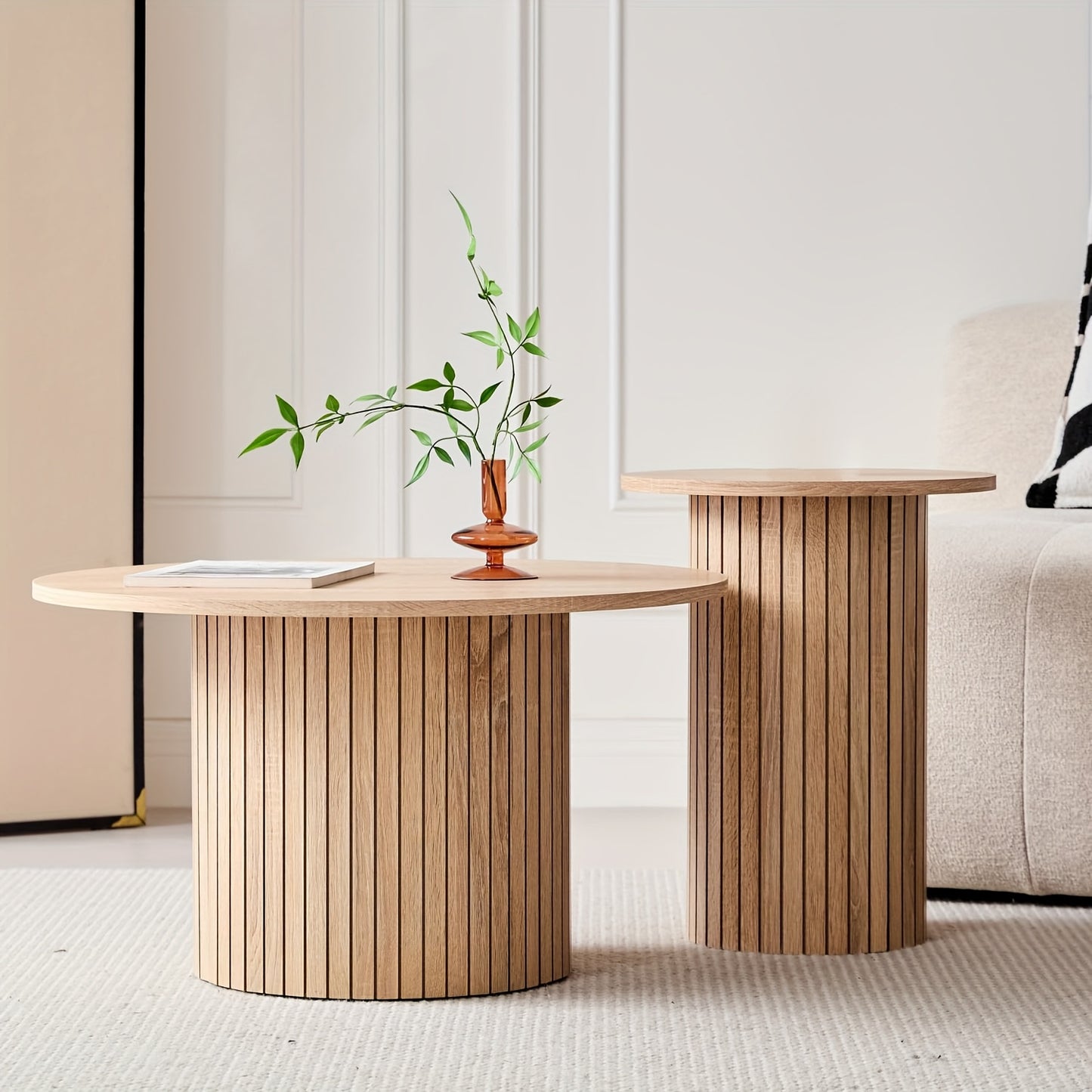 Round Nesting Coffee Tables Set of 2, Boho Wood Circle Side Table Fluted Drum, Farmhouse End Table for Living Room Bedroom, Apartment