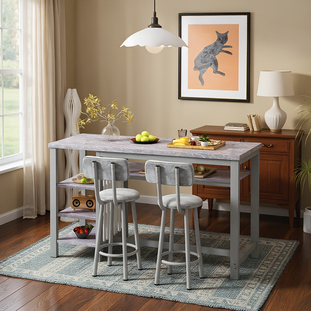 3-Piece Counter Height Dining Table Set with Faux Leather Bar Stools & Storage Shelves - Modern Farmhouse Breakfast Nook Set for Small Spaces, MDF Top & Metal Frame