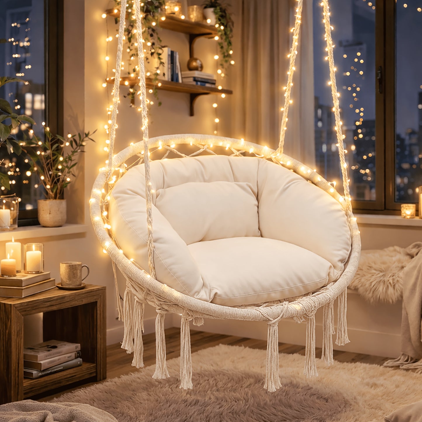 Hanging Chair for Bedroom Hammock Chair Swing with Lights And Hardware Kits Holds Up to 550Lbs Macrame Swing Chair Hanging Cotton Rope Swing Chair for Bedroom, Patio, Deck, Garden And Porch