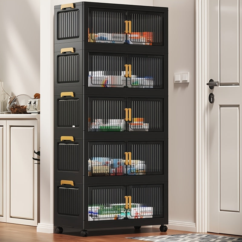 50CM/19.7" Portable Foldable Medicine Cabinet with Lid, 3/4/5/6-Tier Large-Capacity Stackable Black Medicine Box Cabinet with Casters, Multi-Functional Vertical Storage Cabinet, Easy Assembly, for Living Room, Bathroom