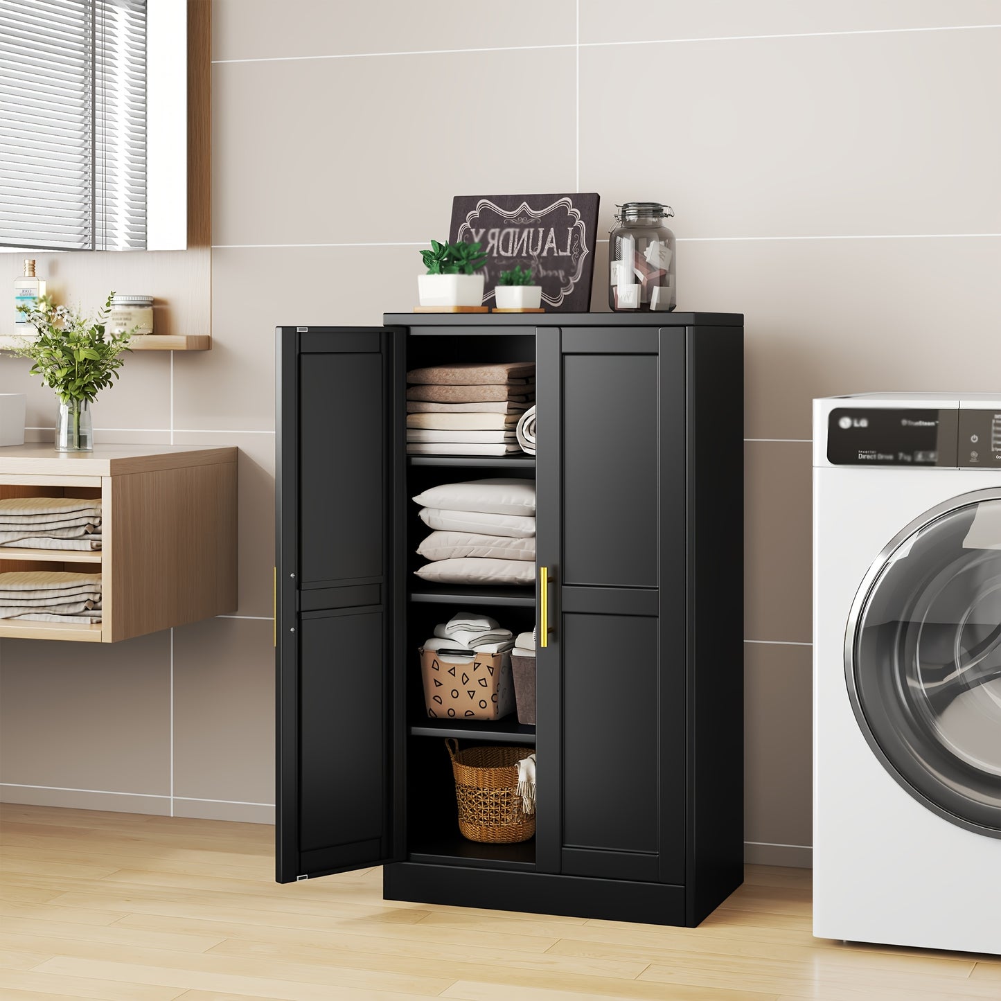 GEITIN 43.3-inch High Metal Storage Cabinet. Kitchen Storage Cabinet With 2 Doors And 3 Adjustable Shelves, Used For Independent Cabinets In The Kitchen, Dining Room, Living Room, Bathroom, And Study
