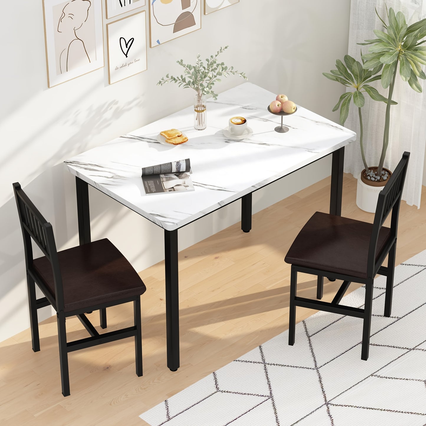 LAMERGE 3pcs Dining Table And Chair Set, Small Space Dining Table And Chair Set, Dining Table, Simple, Suitable for Small Space Living Rooms, Bedrooms And Kitchens Dining Table Set, Perfect Home Furniture, Bedroom Furniture, Spacesaving