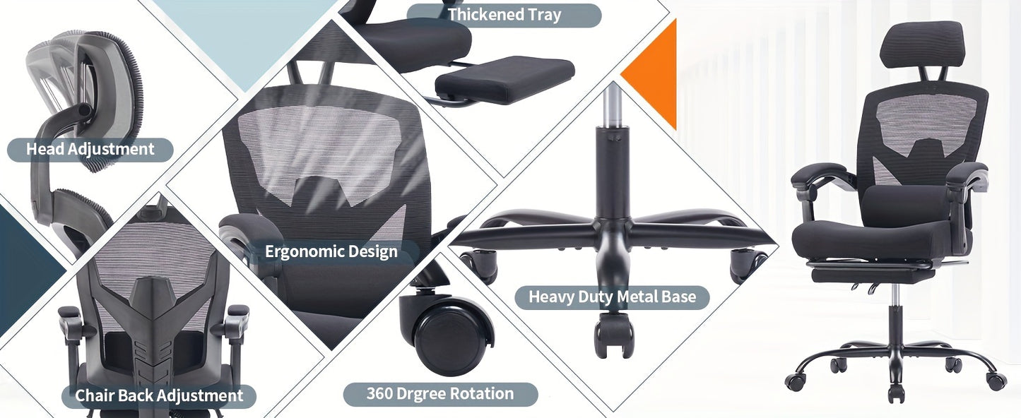 Ergonomic Office Chair With Footrest, Computer Desk Chair For Adults, High Back Mesh Rolling Swivel Reclining Chairs With Wheels Headrest Armrest