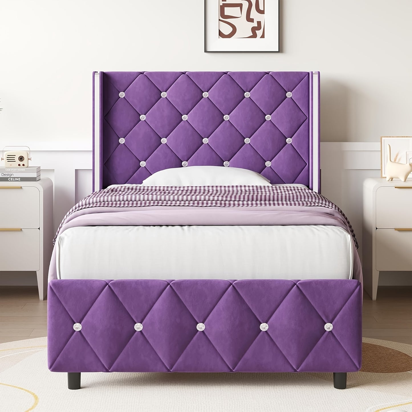 Diamond Tufted Bed Frame with Wingback Headboard & Silvery Side Wings – Upholstered, No Box Spring, Twin Full Queen King, 6 Colors