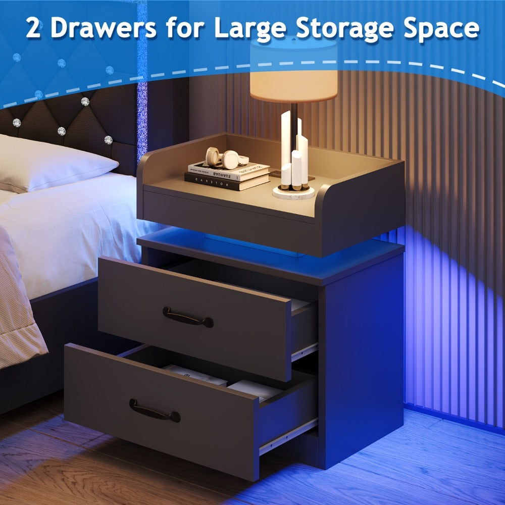 Nightstand with Charging Station LED Lights 2 Drawers Modern Black Bedside Table End Table with Storage for Bedroom Living Room