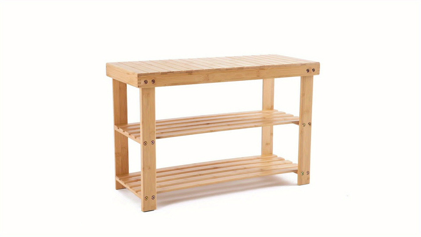 3-Tier Bamboo Shoe Rack Bench, Compact Storage Organizer, 286lb Capacity, Suitable For Entryway Bedroom Living Room Balcony, Brown, Wood, Brown And Black Color