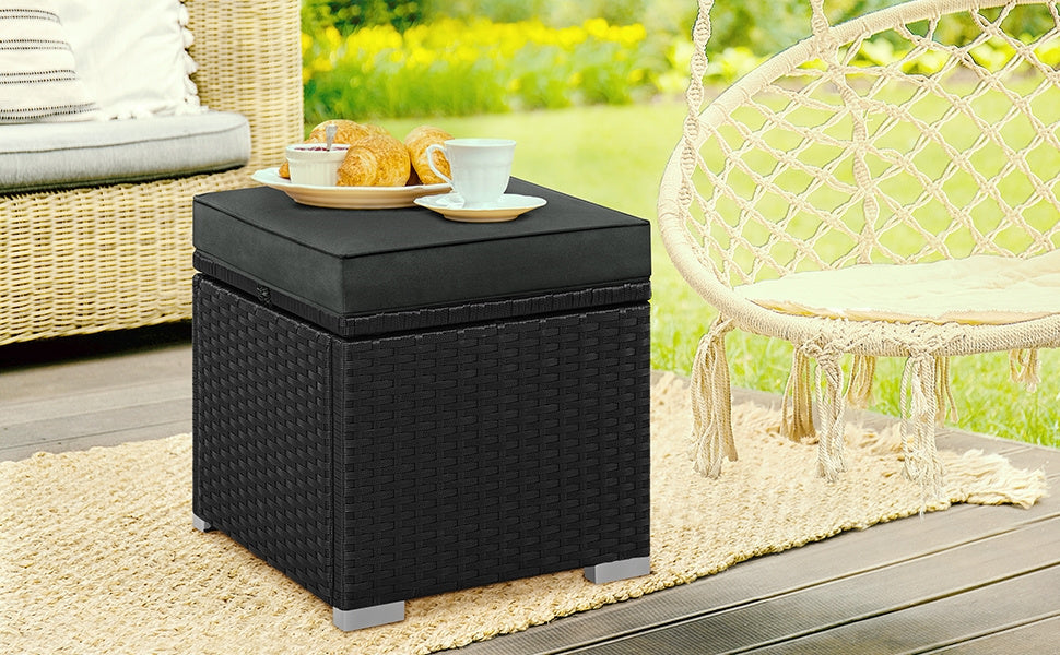 Costoffs 2pcs Rattan Ottomans with Hidden Storage & Removable Cushions, Outdoor Patio Furniture Ottoman Set, Versatile Resin Wicker Footstools, Side Tables, Additional Seating for Garden, Balcony, Deck, Khaki/Gray/Blue