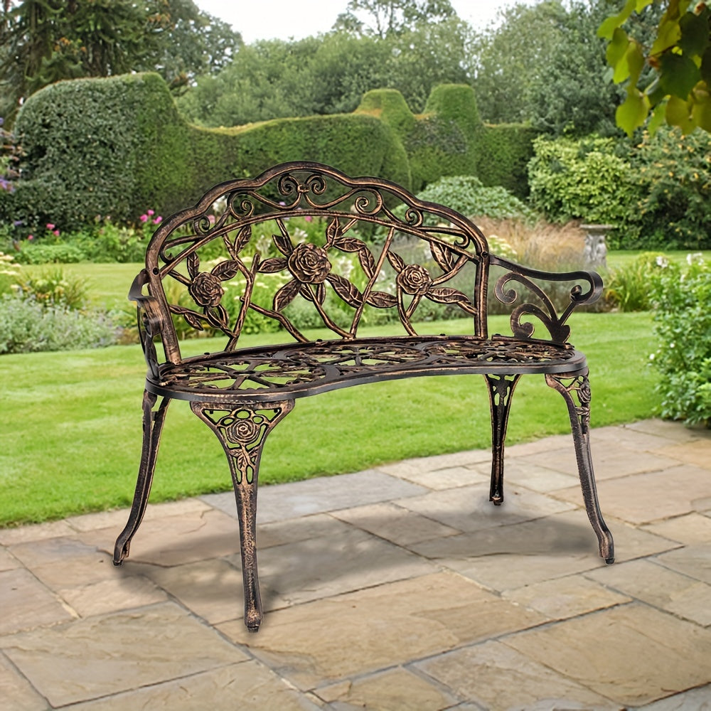 38.5in Rose-Shaped Outdoor Aluminum Patio Bench With Vintage Rose Carved Curved Legs, Suitable For Patios, Courtyards, And Gardens