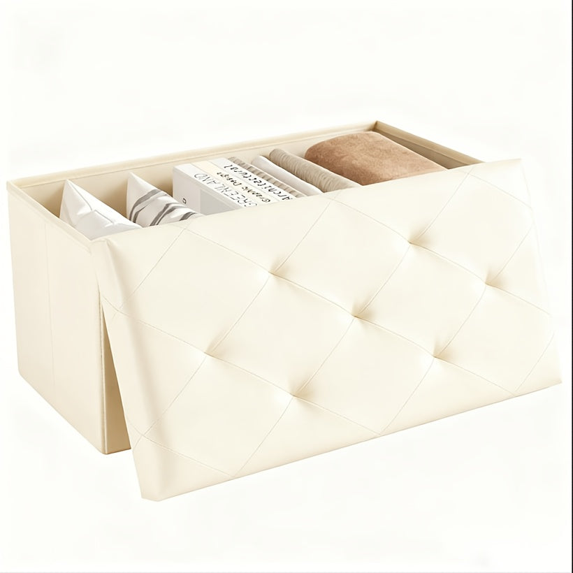 43 Inch Folding Storage Ottoman Bench - Upholstered Foot Rest Stool with 660 Lbs Weight Capacity, Extra-Strong Frame, Soft Synthetic Leather, for Living Room, Bedroom, Office & Dorm - Space-Saving, Multi-Functional Design