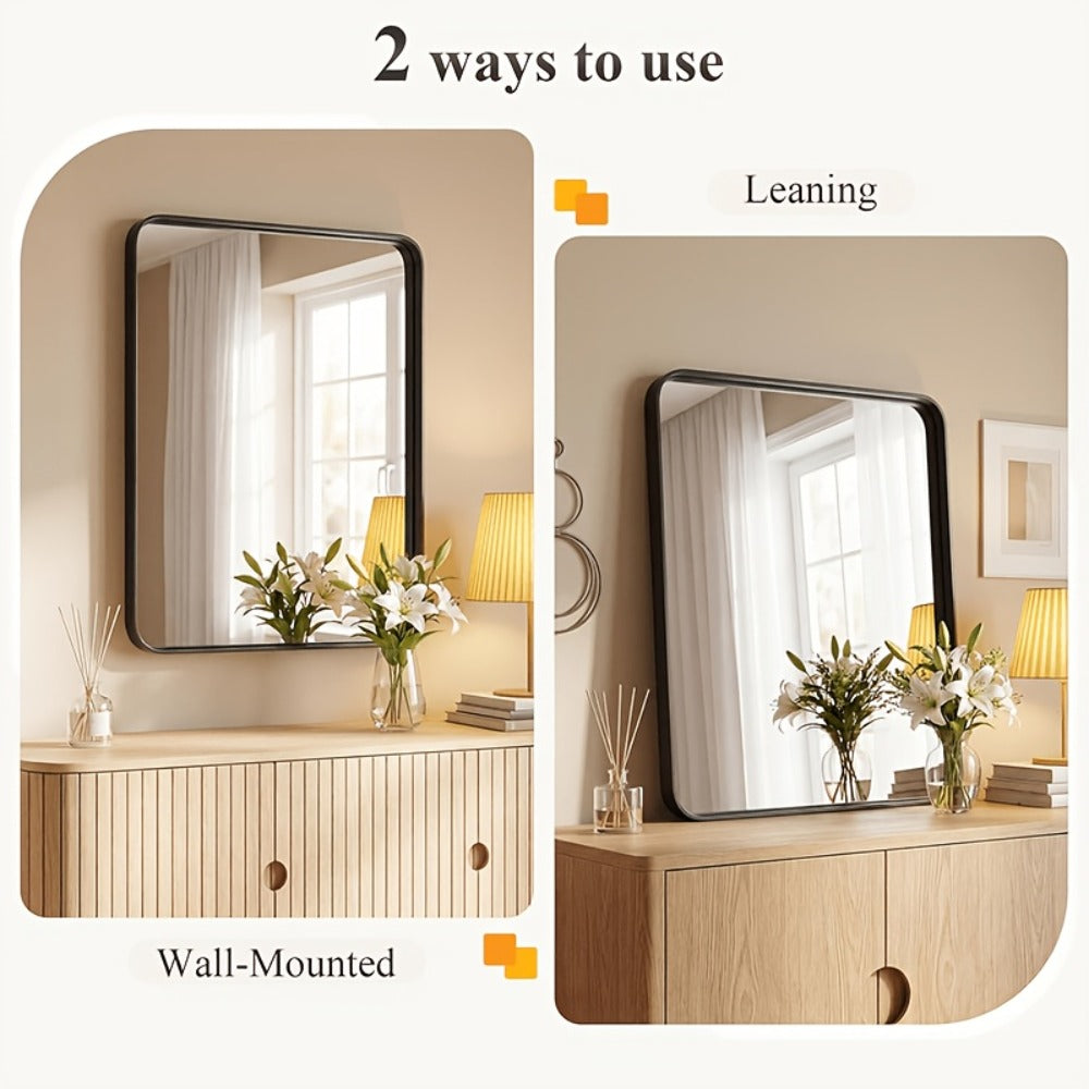 Rounded Rectangle Wall Mounted Vanity Mirror, Modern Matte Metal Frame for Bathroom Home Decor