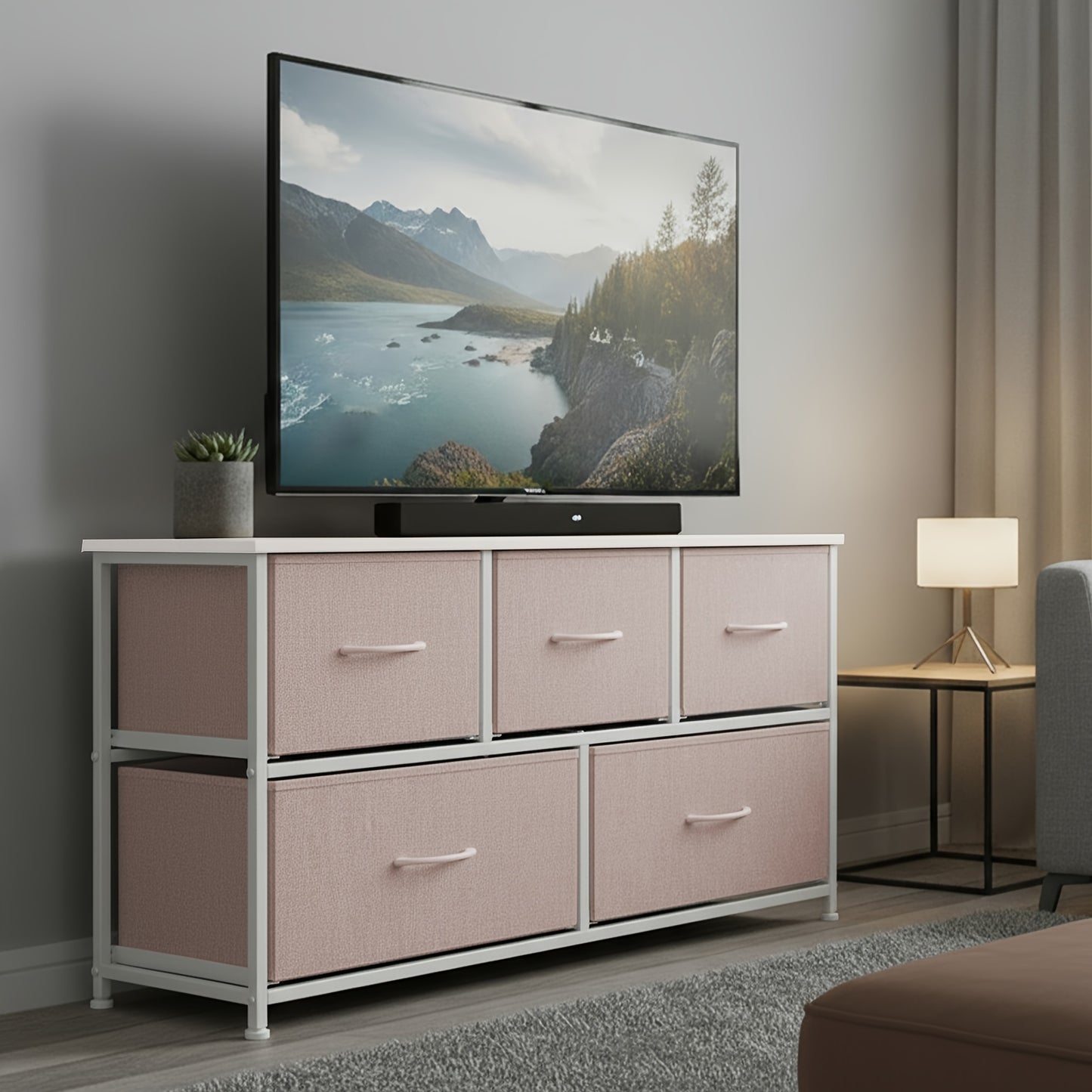 Modern 5-Drawer Dresser with Fabric Bins - Wide Chest of Drawers, Space-Saving, Assembly, Wood-Free Suitable for Apartment, Closet, Hallway - Compact Organizer with Ample Storage (3.2+ Cubic Feet)