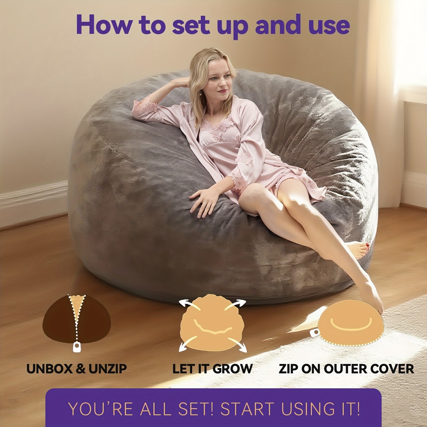 5ft 6ft Bean Bag Chair Giant BeanBag with Memory Foam Filled, Comfy Bean Bag Chairs for Adults, Adult Bean Bag Chair with Dutch Velvet Cover for Living Room Bedroom, 3ft 4ft Bean Bag Sofa