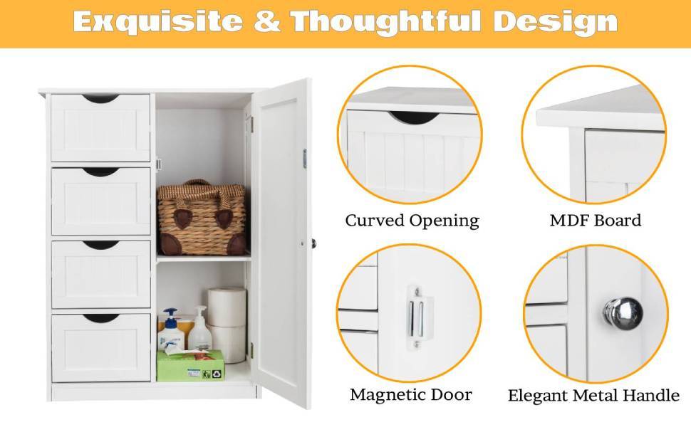 Bathroom Floor Cabinet, Side Storage Organizer with 4 Drawers, 1 Cupboard 2-Shelves, White