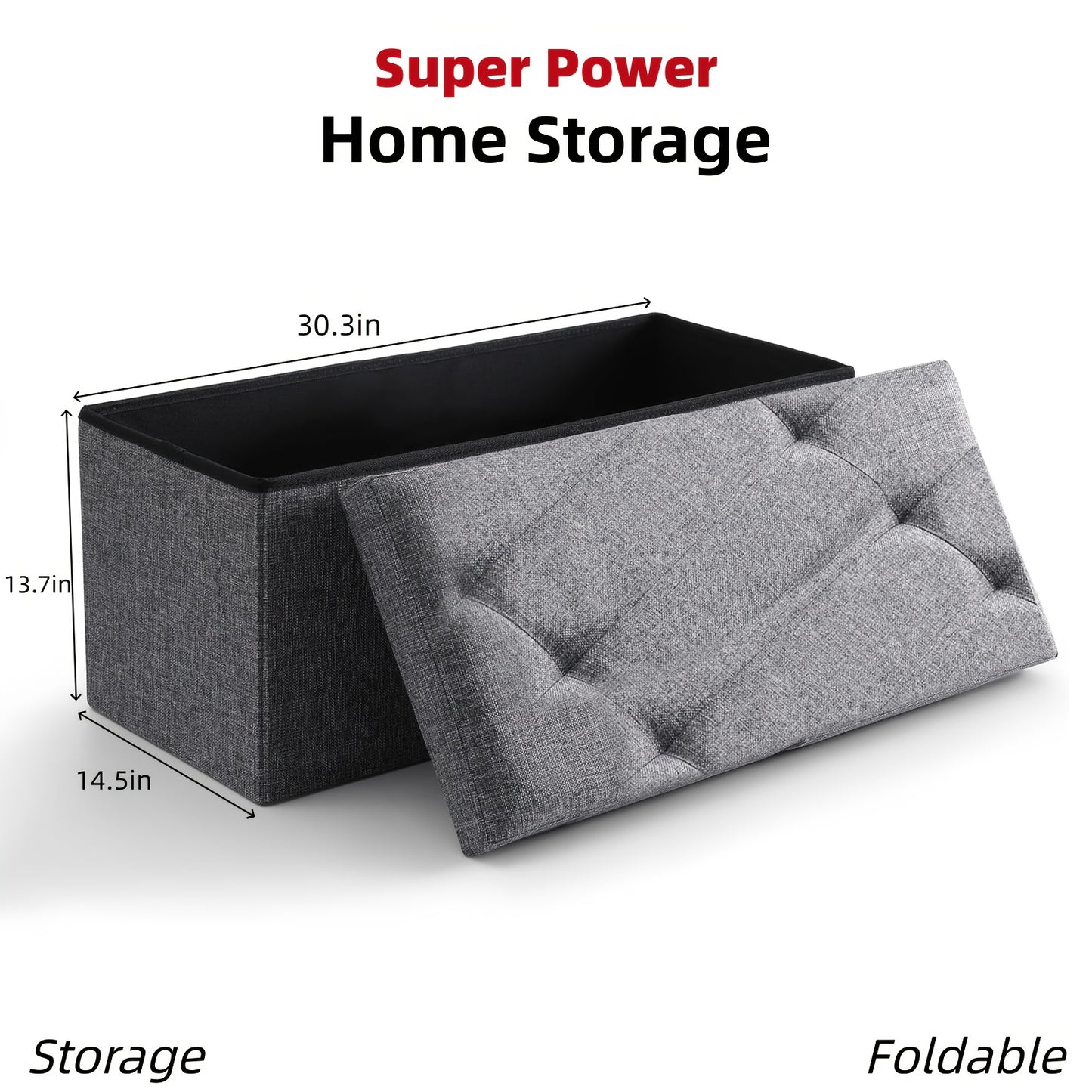 Folding Storage Ottoman Footstool Bench with Seat Cushion Waterproof Easy-Clean Surface, Heavy Duty Multifunctional Organizer for Living Room Bedroom Patio Garden, Medium Large Extra Large Grey