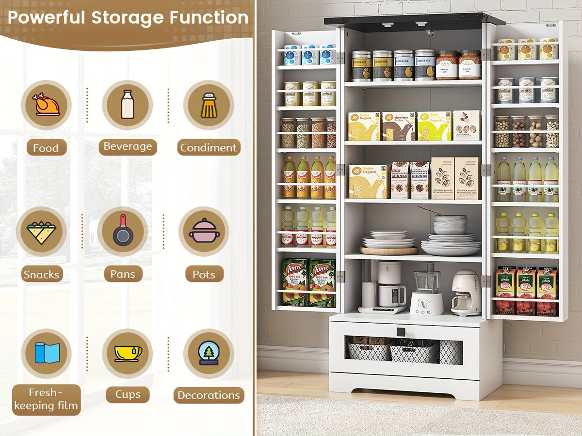 55'' Pantry Cabinet, Kitchen Pantry Storage Cabinet With Adjustable Shelves And Drawer, Wooden Kitchen Storage Cabinet, Buffet Cupboards Cabinet For Kitchen, Living Room, Bathroom, Dining Room