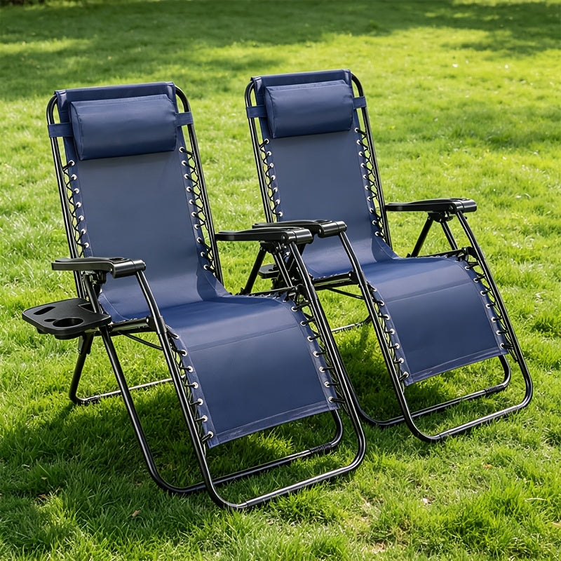 2pcs Zero Gravity Chairs, Outdoor Folding Recliner Lounge Chair, Breathable Fabric Adjustable Reclining Patio Chair With Cup Holder Trays & Headrest Pillow For Beach Camping Poolside Backyard Garden Lawn