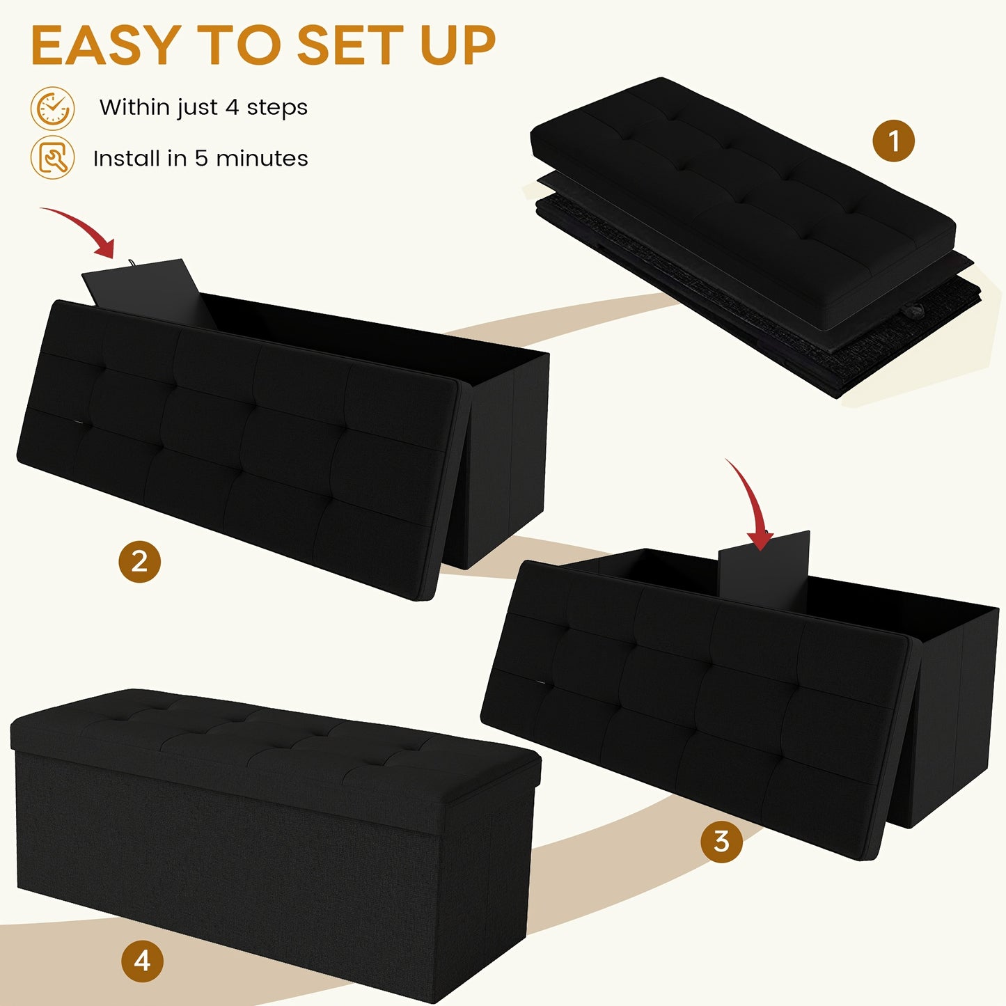 Leather Or Linen Ottoman Storage Bench, 3 Sizes 30', 31.5" And 43.5" Wide, Comfy Padded Seat, 500 Pound Capacity, Available In Black, Light Grey, And Dark Grey