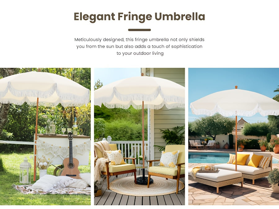 7ft Bohemian Outdoor Umbrella with Fringe Tassels & Carry Bag - UV 50+ Sun Protection, Wind-Resistant Steel Frame, White Canopy with Yellow Fringe Trim, Round Beach & Patio Umbrella for Poolside, Garden, Backyard, Picnic - Easy-Clean Polyester Fabric, Por