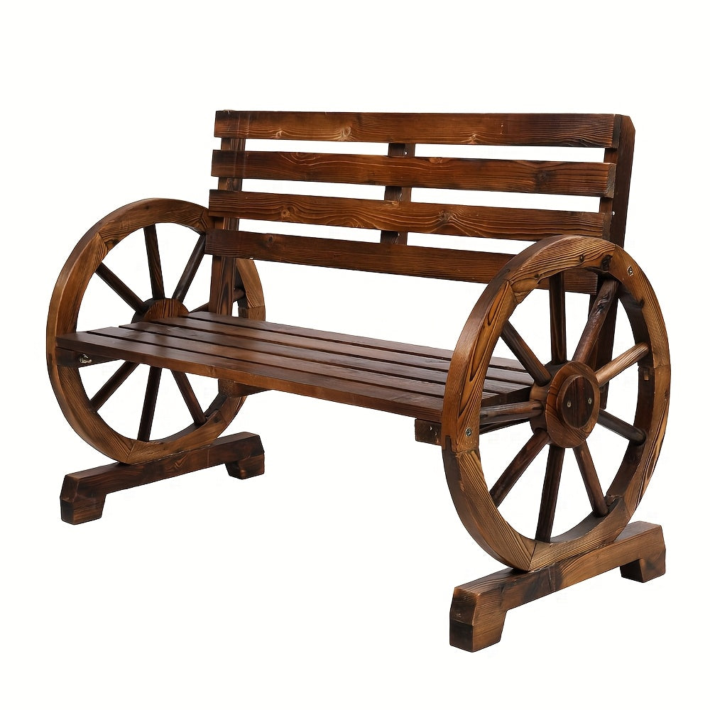 2-Person Outdoor Wooden Wagon Wheel Bench with Slatted Seat And Backrest Brown Suitable for Patio Outdoor, Garden, Poolside, Family Gathering, Outdoor Camping, Perfect Christmas Gift Men's Gift