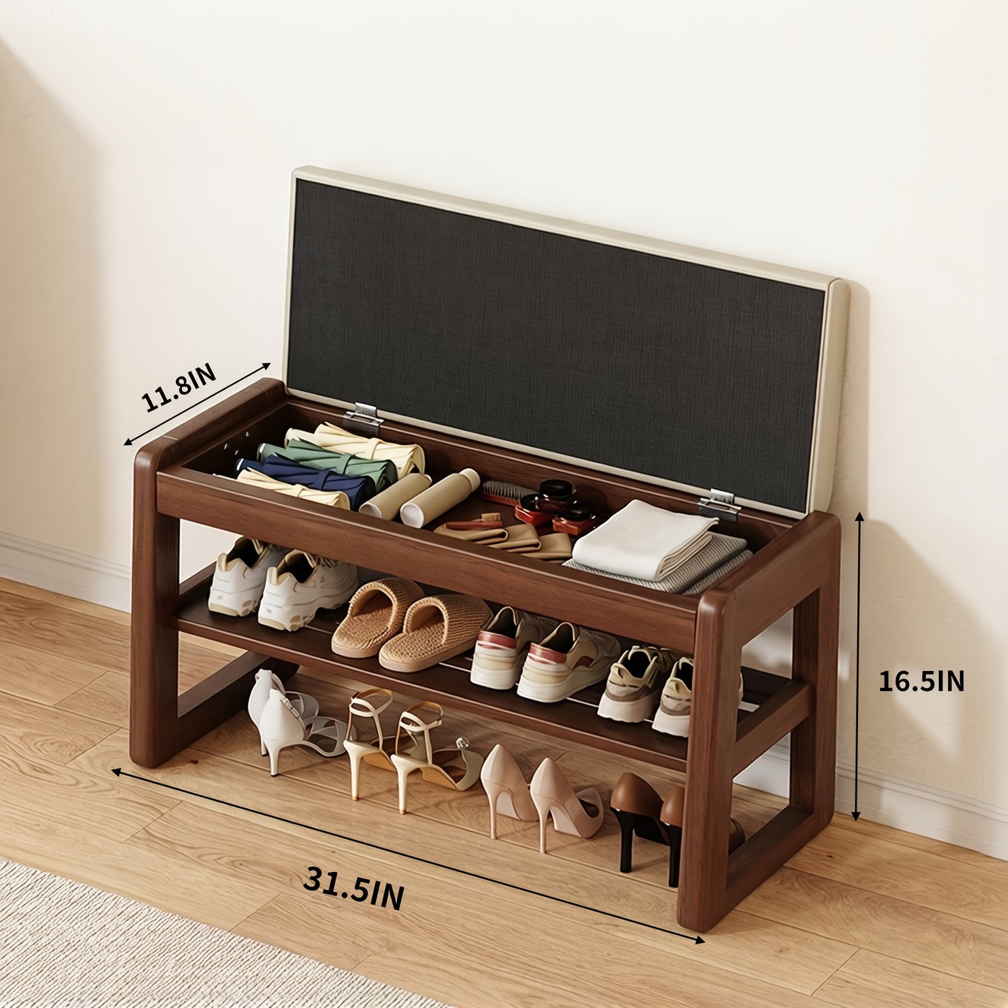 Solid Wood Shoe-Changing Bench Integrated for Home Entrance Hallway, Modern Easy Entrance Shoe Cabinet with Bench, Large-Capacity Storage Cabinet