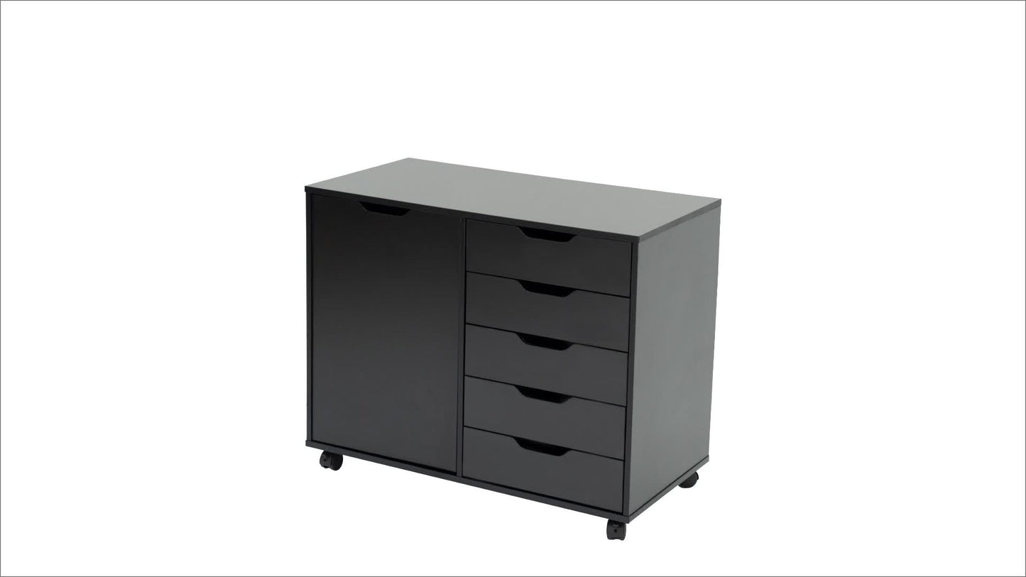 Five-drawer Wooden Chest Of Drawers, Office Storage Cabinet with Adjustable Shelves And Wheels, Printer Stand for Home Office Use, with 2 Wheels Equipped with Brakes