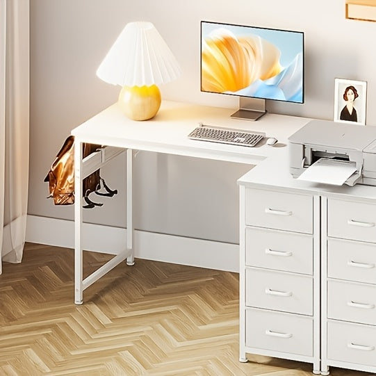 Reversible L Shaped Vanity Desk with 4 Drawers, Small White Computer Desk & Vanity Table with Storage, Study Desk with Hook, Corner Desk for Home Office
