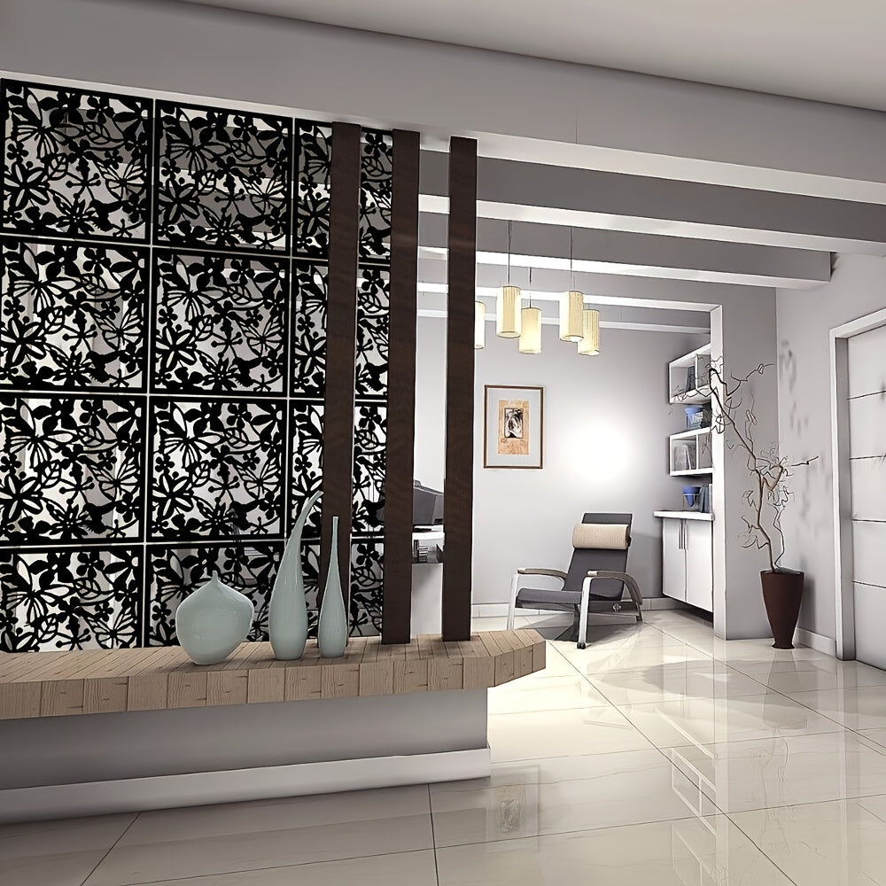 12/24pcs Plastic Hanging Room Divider Panels, Art Decor Floral Carved Thick PVC Screen Panels Hanging Wall Divider Room Partition, Stylish Hollow Design for Home, Office, Kitchen, Bedroom, Living Room Decor And Additions - White/Black
