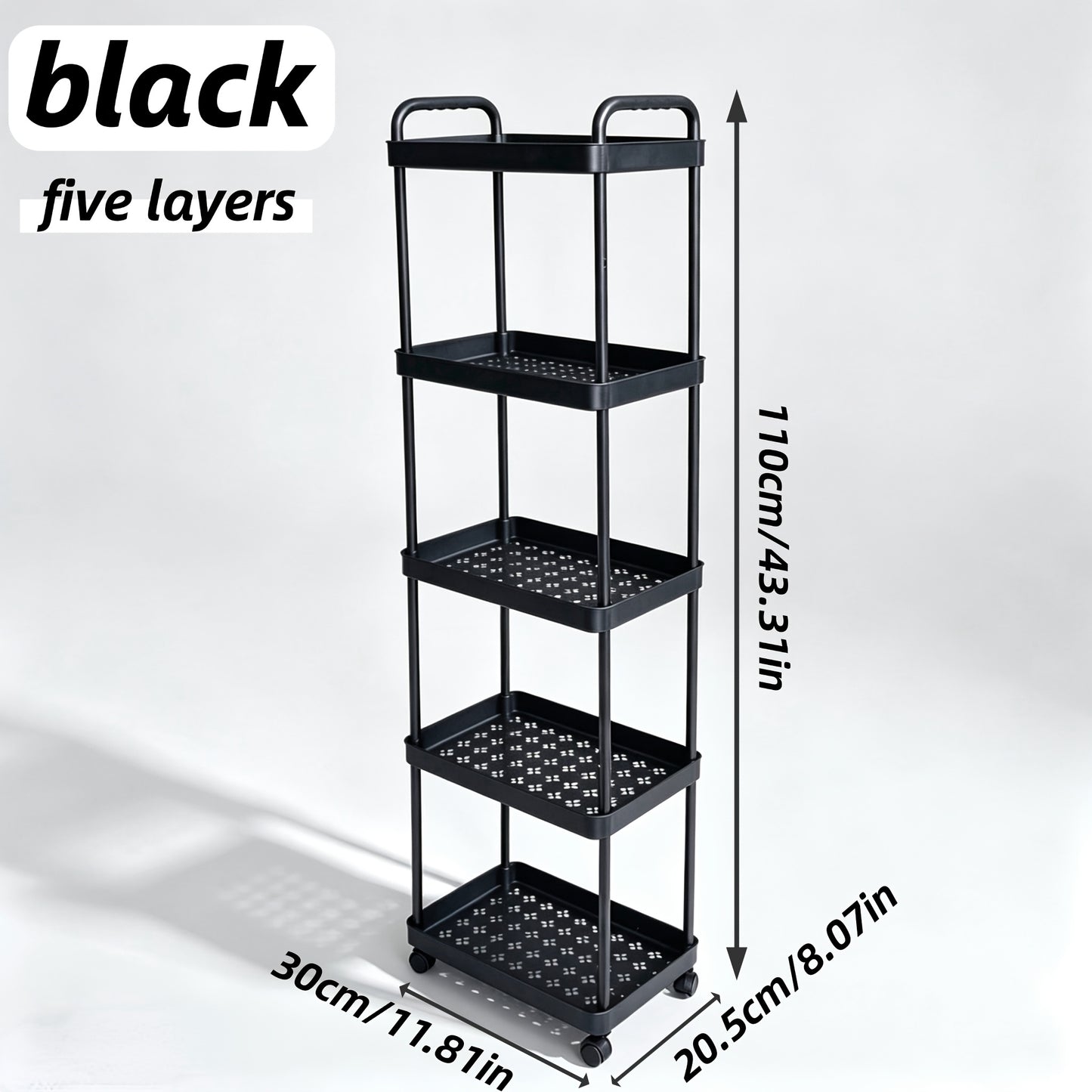 Storage Trolley Rack shown in the Black, Five Tiers option