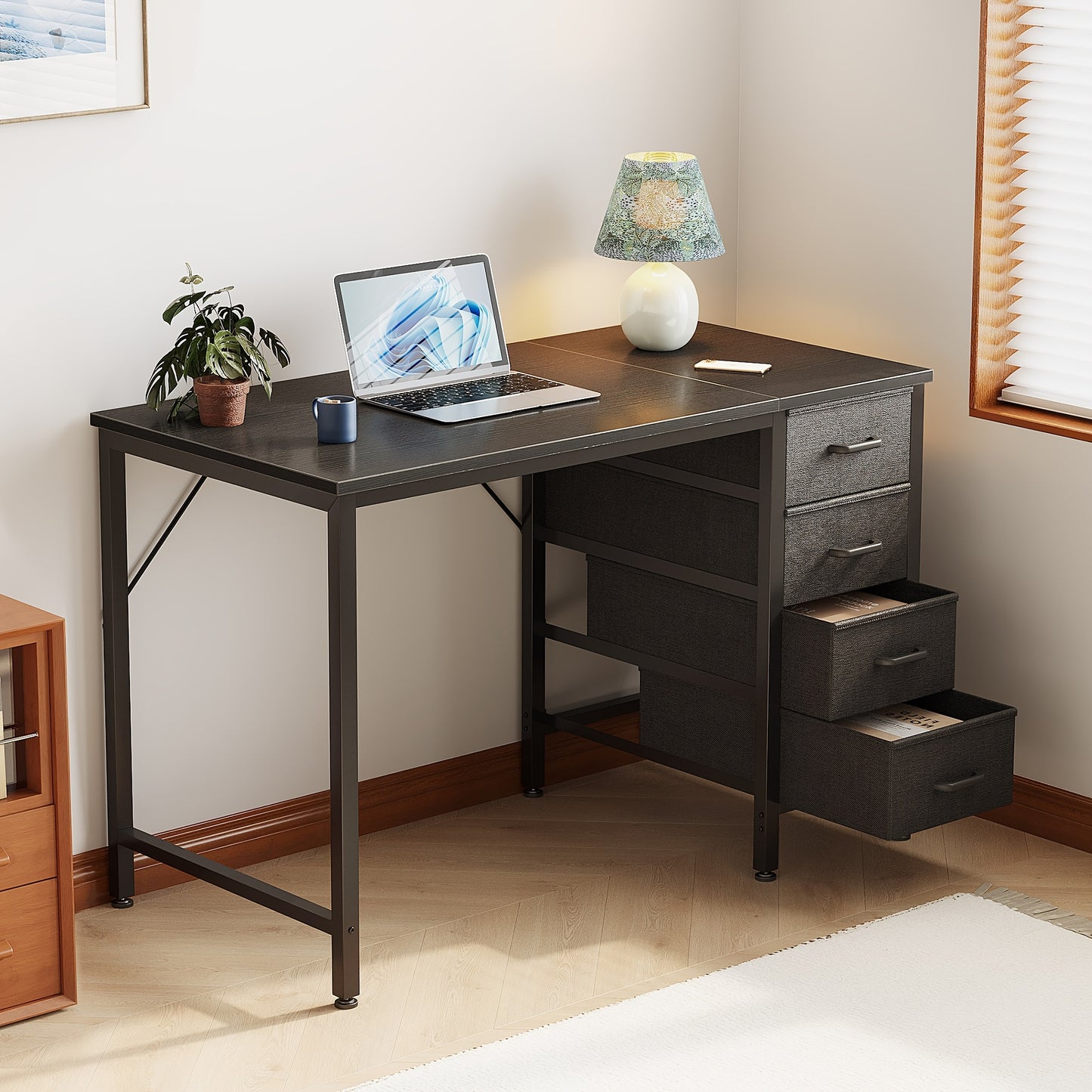 40" Small Desk with 4 Fabric Drawers – Reversible Study Table for Students, Compact Work Desk for Bedroom, Dorm & Small Spaces, White or Black