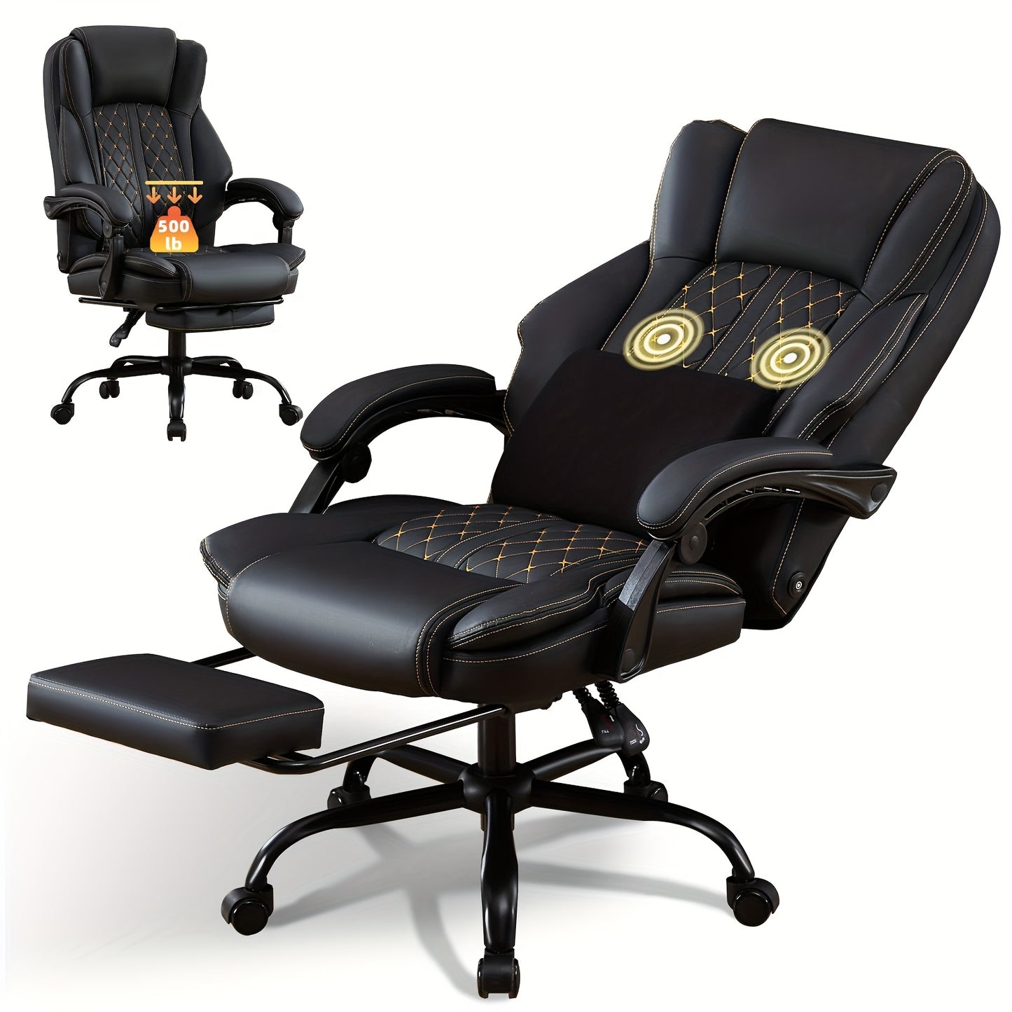 Big And Tall Office Chair, Leather Executive Office Chair with Foot Rest for Heavy People, Wide Ergonomic Comfy High-Back Reclining Computer Chair, Swivel Rolling Wheels And Padded Lumbar Support