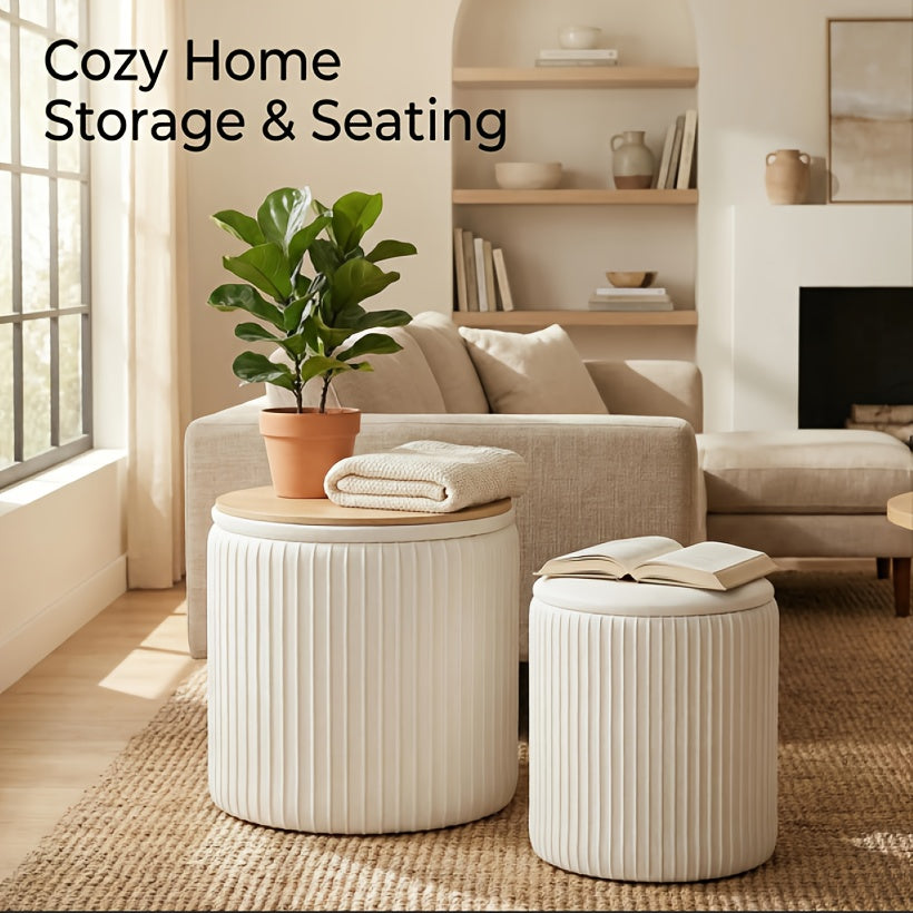 Set Of 2 Round Storage Ottomans with Lids - Upholstered Vanity Stools, Hidden Storage Benches for Living Room, Sturdy Coffee Table Alternative, Easy Assembly