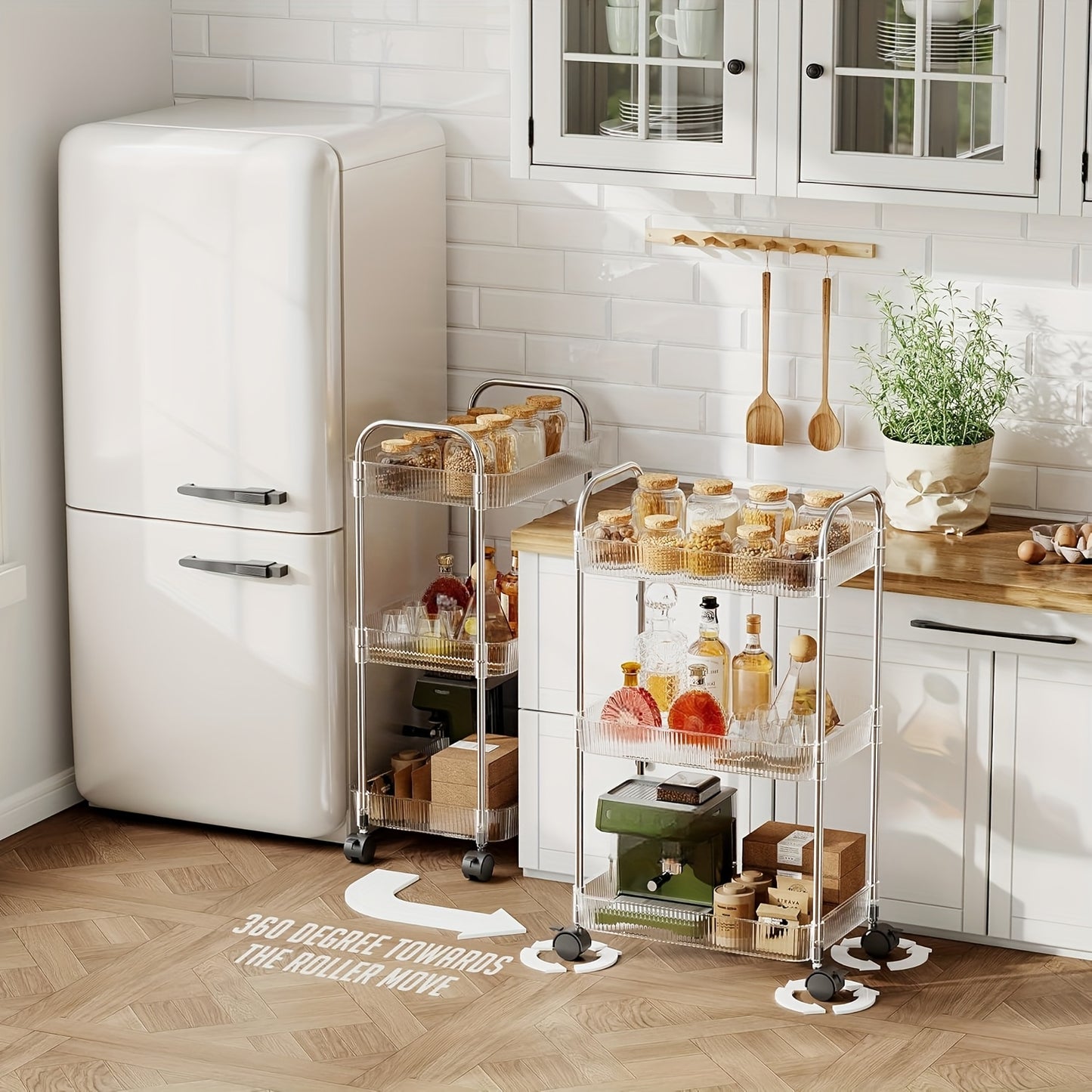 3/4 Tier Rolling Storage Cart with Hanging Storage Boxes, Multifunctional Utility Cart, Acrylic Material & Modern Minimalist Transparent Design, Alloy Frame Handle & 360° Rotating Silent Roller, Snack Cart for Dorm, Bathroom, Bar, Kitchen