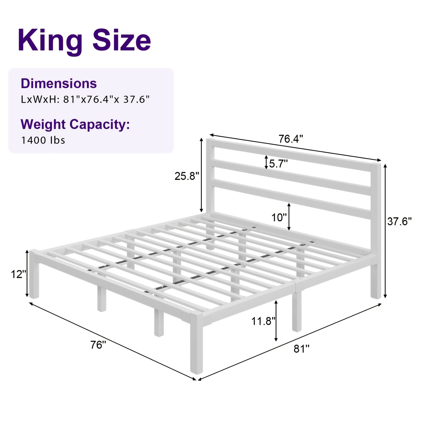 Metal Platform Bed Frame with Slatted Headboard – Under Bed Storage, No Box Spring Needed, Sturdy Metal Slats, Black White, Twin Full Queen King