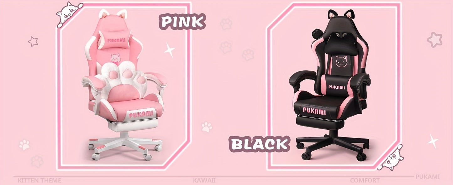 Gaming Chair with Cat Ears And Cat Paw Cushion Pillow, Cute Computer Chair for Girl with Footrest, Ergonomic Gamer Chair, Kawaii Gaming Chair, Reclining Game