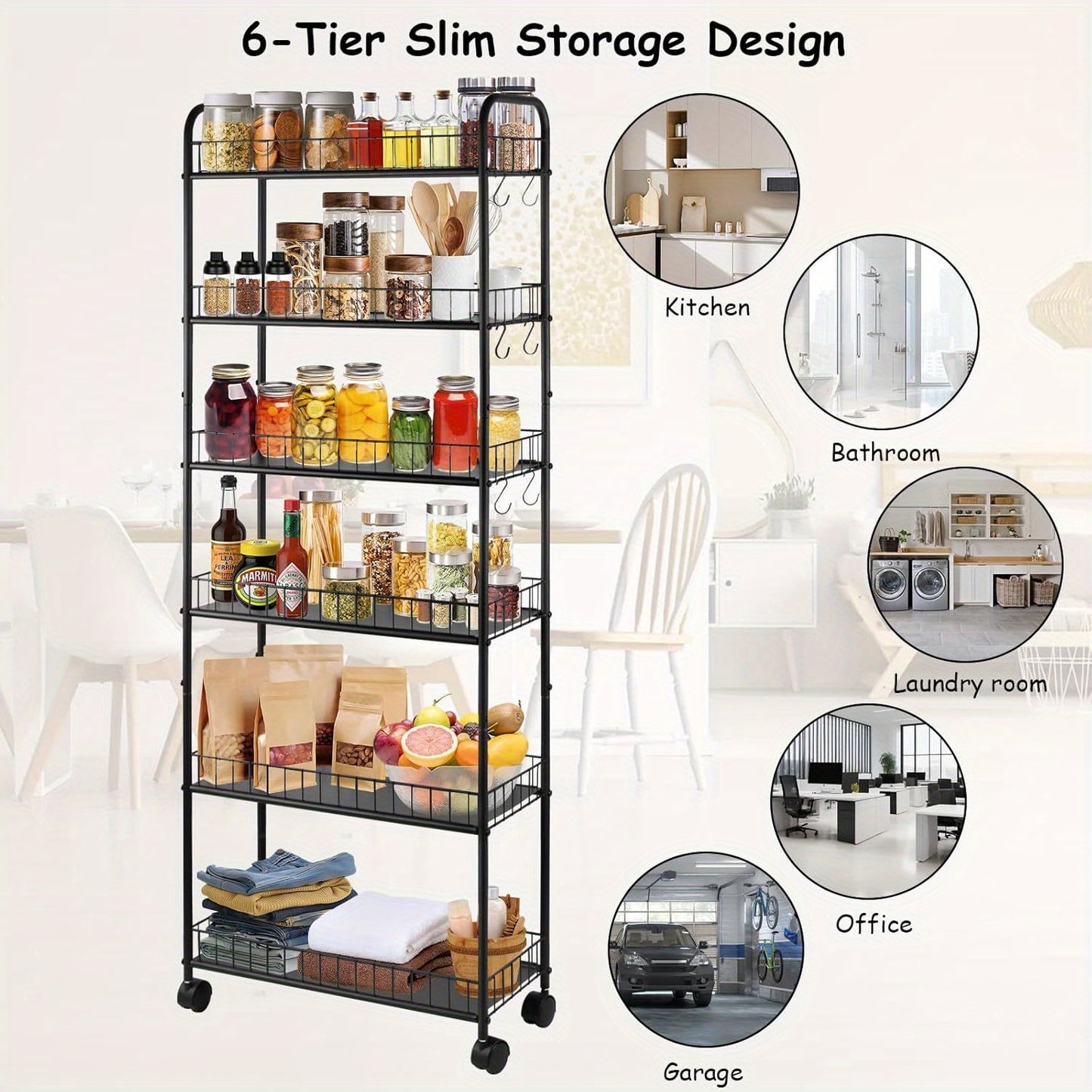 6-Tier Narrow Storage Cart with Rolling Wheels for Organized Everyday Storage in Kitchen detail image - detail view 10
