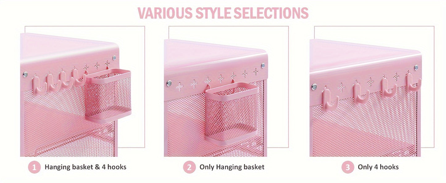 Three-Tiered End Table Featuring a Metal Design, Complete with a Hanging Basket And Four Hooks. This Charming Nightstand Serves As a Modern Bedside Table, a Compact Coffee Table, Or a Slim Sofa Table, Perfect for Your Living Room, Bedroom, Dorm