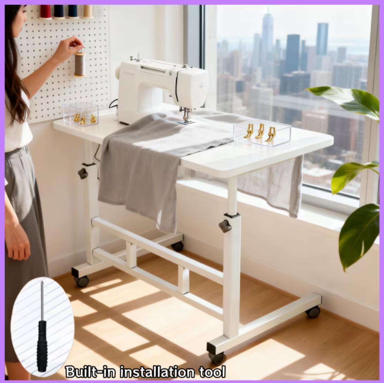 Adjustable Height Wheeled Mobile Table | Movable Multi-Purpose Side Table/Folding Table With Reinforced Frame And Lockable Wheels, Sewing Table With Lift Stand, Available In Black/White - Ideal For Bedrooms, Living Rooms, Studies, Small Spaces