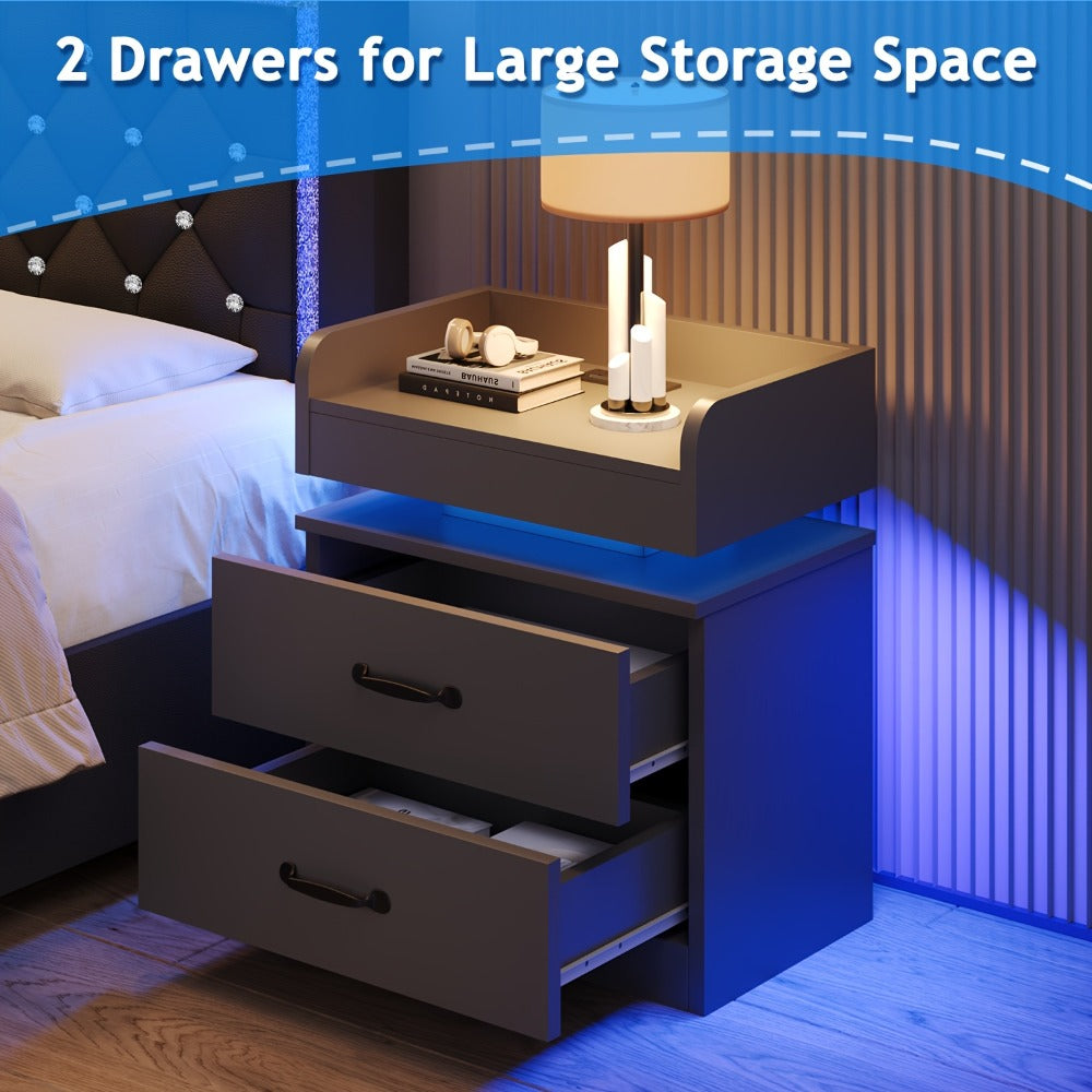 Black Nightstand with Charging Station, Night Stand with LED Lights, Modern LED End Table Nightstand for Bedroom, Bedside Table with 2 Drawers, Bed Side Table with Storage for Living Room