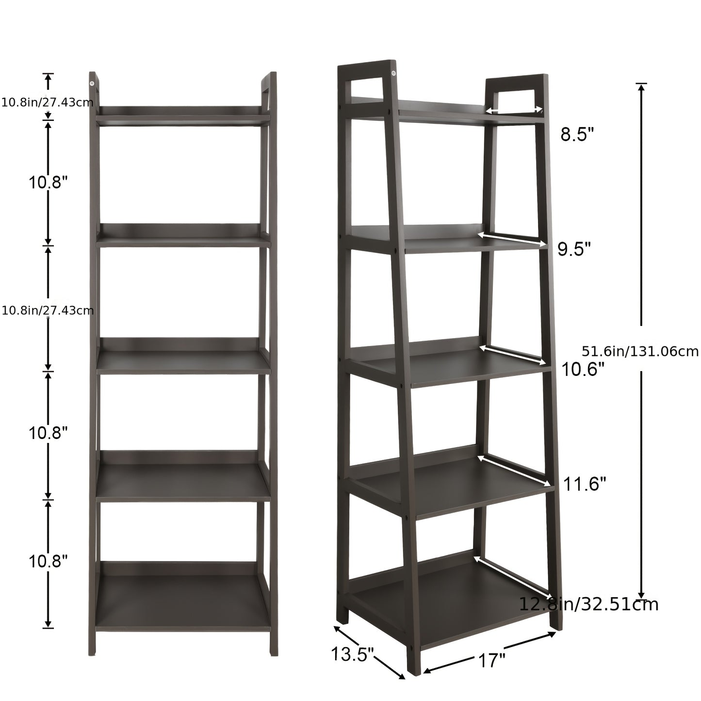 5 Tier Bookshelf, Modern Open Bookcase, Ladder Bookshelf Open Storage Rack Wood Ladder Shelf, Bookcase Shelf Storage Organizer, Industrial Book Shelves for Home