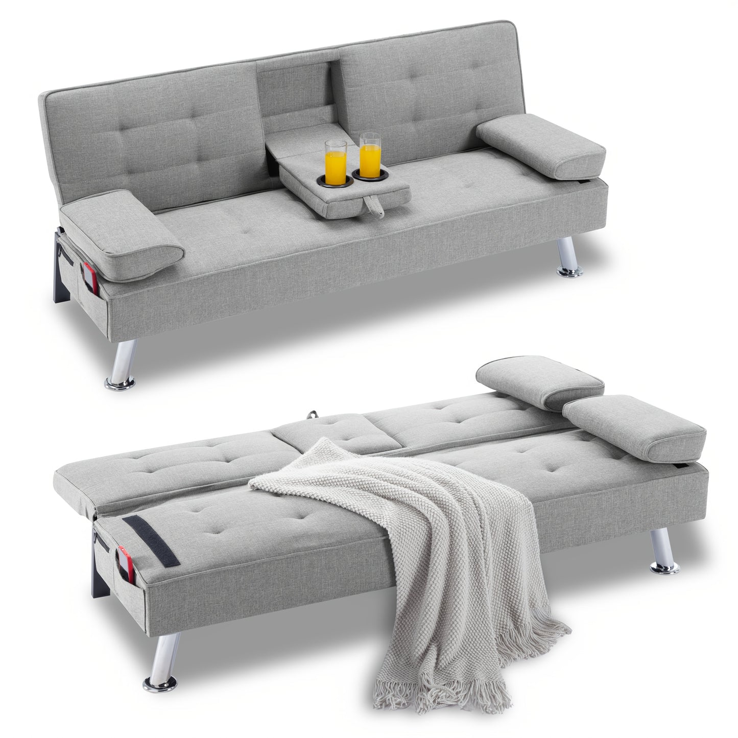 Futon Sofa Bed shown in the Light Gray option