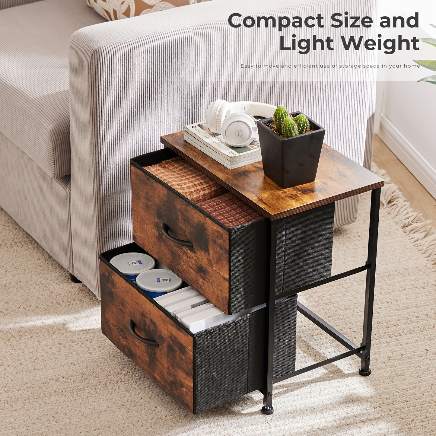 Nightstand Dresser For Bedroom With 2 Drawer, Small Dresser Beside Tables, Nightstand With Removable Fabric Bins For Small Spaces, Closet, Entryway, College Dorm, 1pc/2pcs Options Available