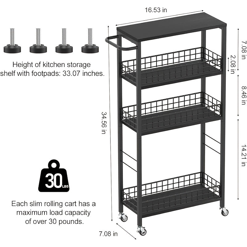 Slim Storage Cart 4 Tier Narrow Kitchen Rolling Cart With Wooden Tabletop Mobile Utility Stand On Wheels For Bathroom Laundry Narrow Places Rustic Brown 16.5''L X 7.3''W X 34.6''H