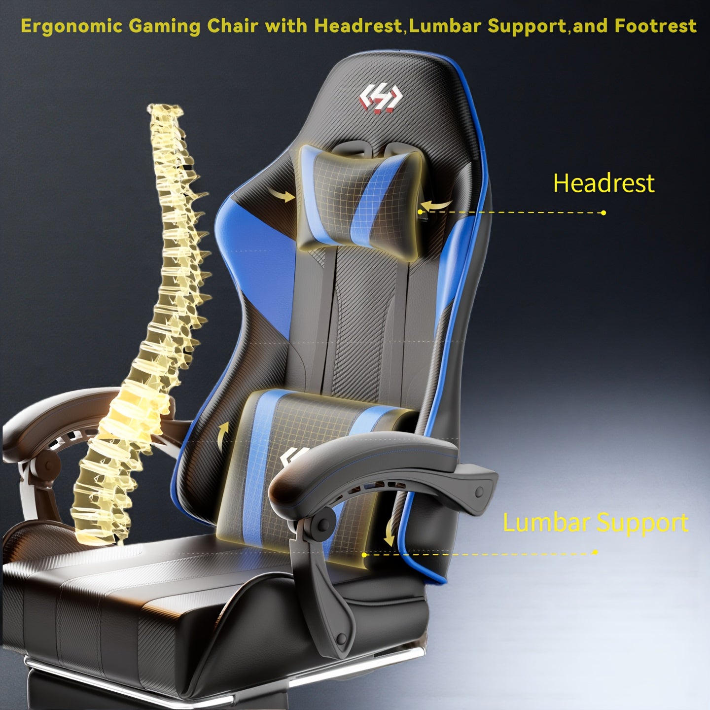 Ergonomic Gaming Chair with Spring Cushion, Retractable Footrest, Headrest & Lumbar Support, PU Leather Swivel Computer Desk Chair for Office & Gaming