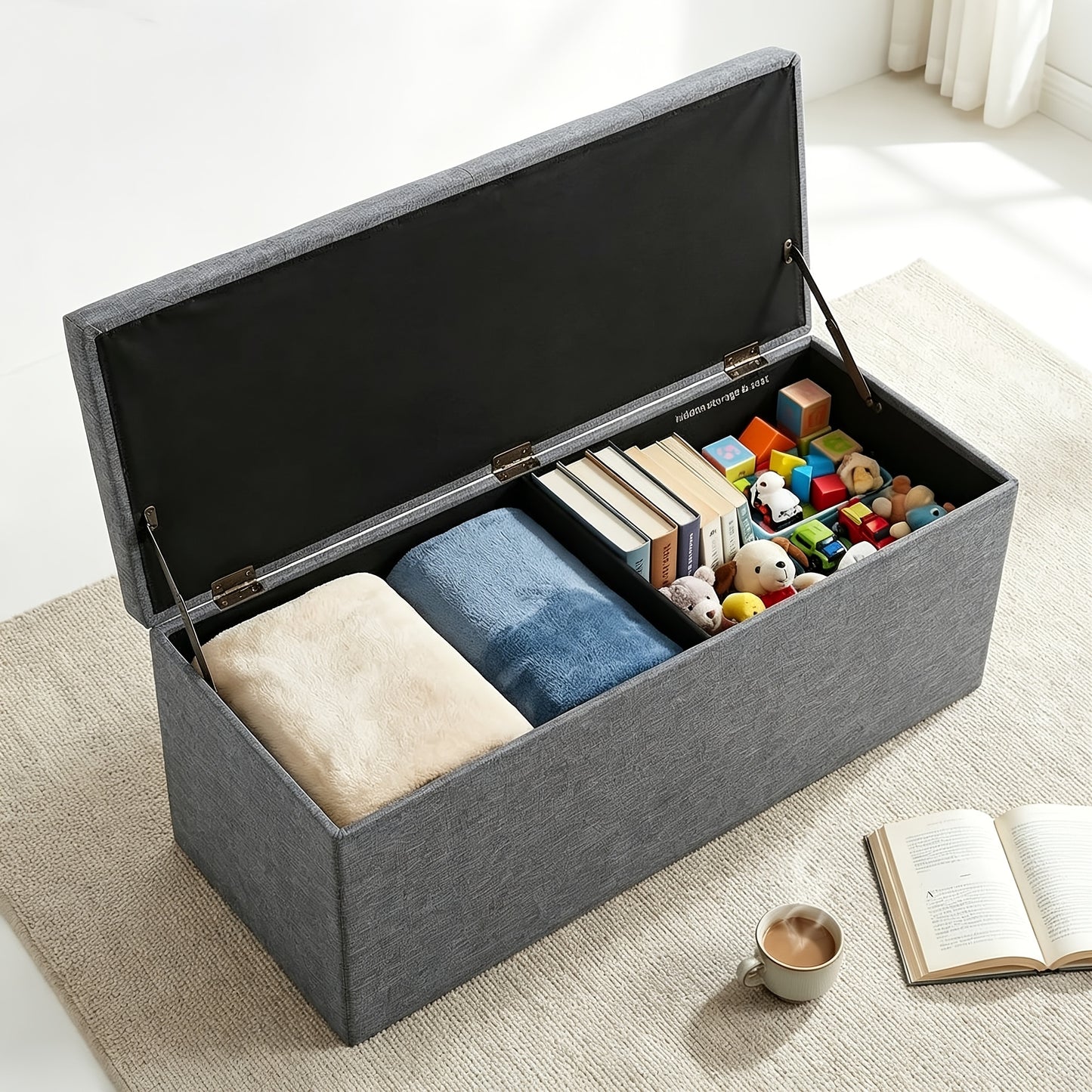 Heavy Duty Multifunctional Folding Storage Footstool Bench with Seat Cushion, Storage And Organization, Waterproof And Easy to Clean Surface-Suitable for Storage Of Living Rooms, Bedrooms, Terraces, Gardening Tools-Grey Storage Bench
