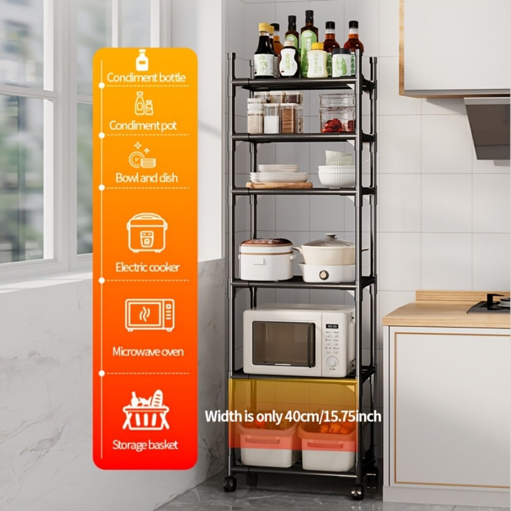 6-Tier Metal Rolling Cart with Hooks & Adjustable Shelves - Space-Saving Modular Utility Storage Organizer for Kitchen, Bathroom, Bedroom & Laundry Room