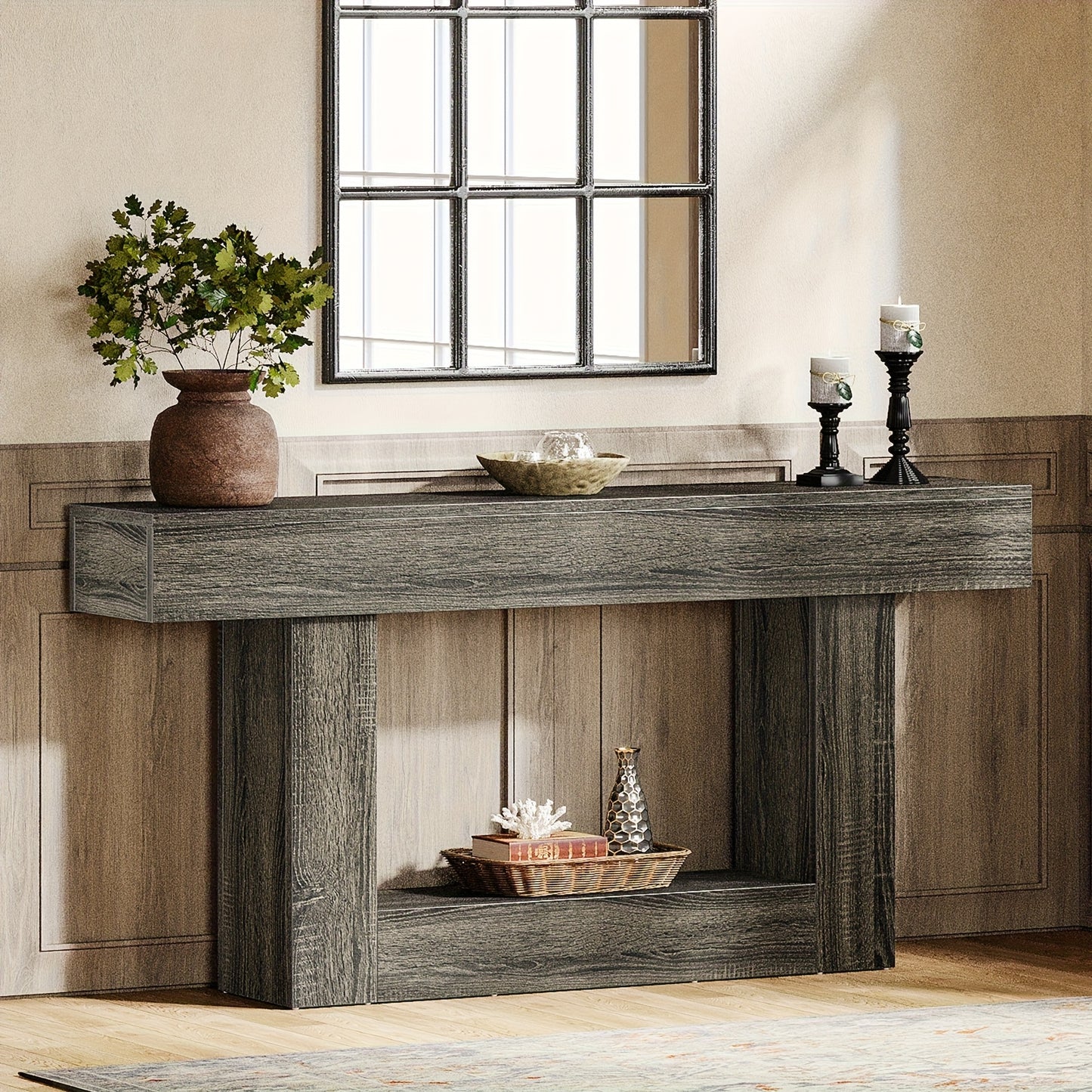 Farmhouse Console Table with U-Shaped Base & Open Shelf, Rustic Country Style MDF Entryway Table for Living Room Hallway Foyer Corridor